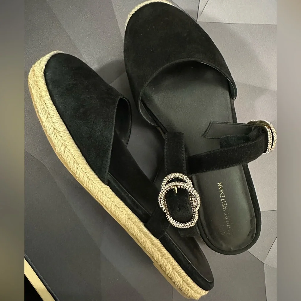 Stuart Weitzman Black Espadrille Slides with Crystals Buckle